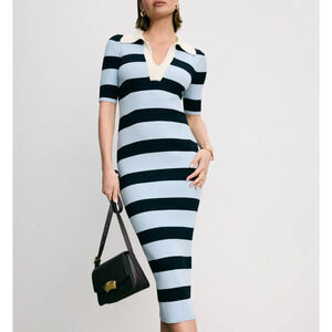 A.L.C. Blue Black Stripe Polo Midi Dress XL Preppy Ribbed Knit Designer $500